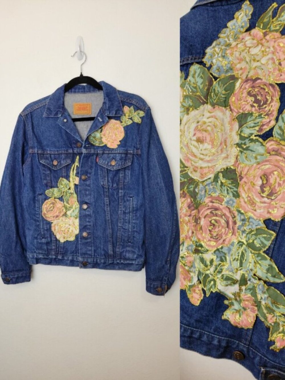 LEVI'S Floral Painted Patch Denim Jean Jacket Pockets Preppy Upcycled Size M